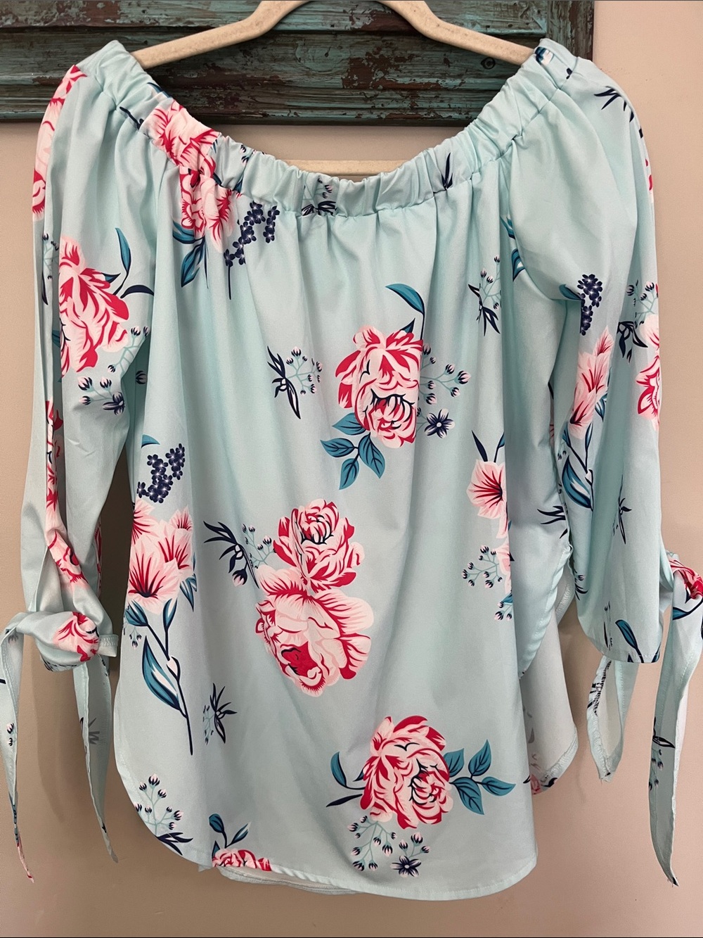 YOINS Aqua Off-Shoulder Floral Blouse with Tie Sleeves